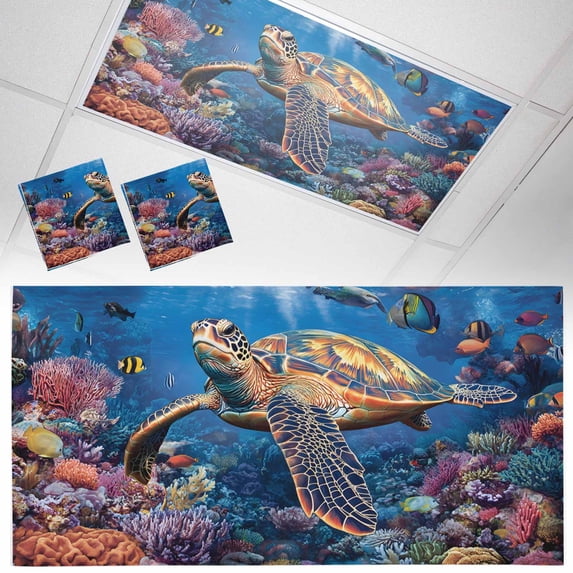 2 Pack Magnetic Fluorescent Light Covers, 2x4 Ft,Ocean Tropical Animal Abstract Coral Turtle Fish Magnetic Light Covers for Ceiling Lights Classroom Office Home Decor