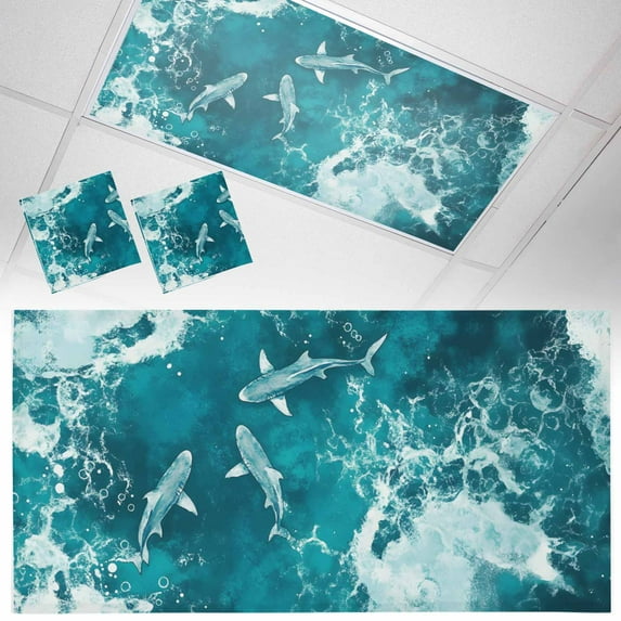 2 Pack Magnetic Fluorescent Light Covers, 2x4 Ft,Summer Ocean Waves Watercolor Animal Blue Shark Magnetic Light Covers for Ceiling Lights Classroom Office Home Decor