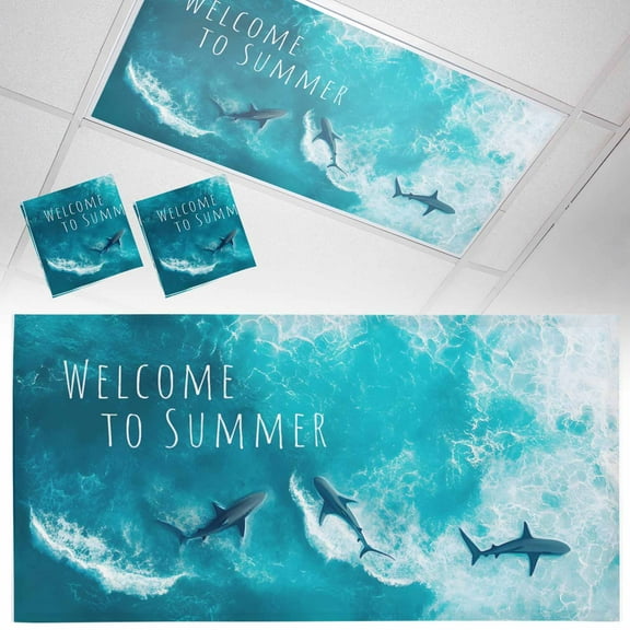 2 Pack Magnetic Fluorescent Light Covers, 2x4 Ft,Welcome to Summer Blue Shark Ocean Animal Watercolor Magnetic Light Covers for Ceiling Lights Classroom Office Home Decor