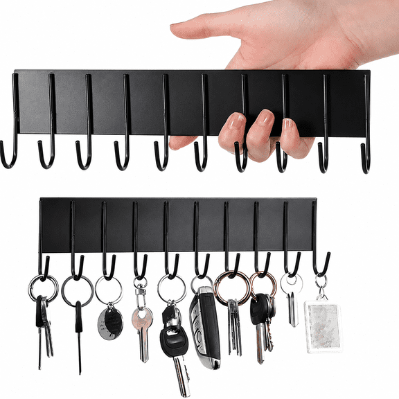 2 Pack Magnetic Key Holder for Fridge, Black Metal Magnetic Hook Rack with 10 Hooks Each, No Drill Refrigerator Door Hanger Organizer for Keys Mugs Utensils