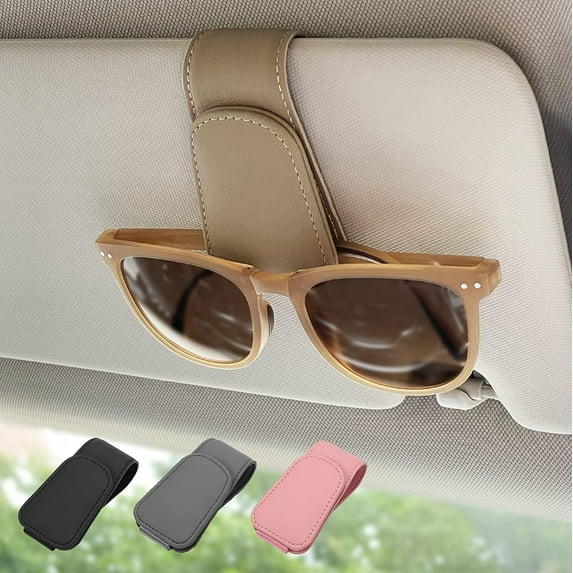 2 Pack Magnetic Leather Sunglass Holder, Eyeglass Hanger Clip for Car Sun Visor, Suitable for Different Size Eyeglasses (Beige, 2 Pack)