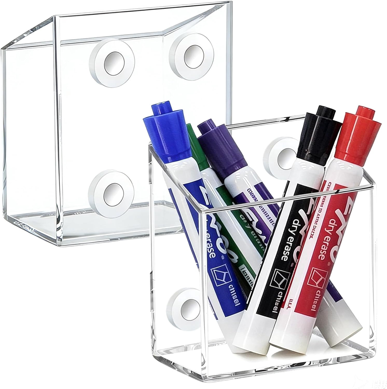 2 Pack Magnetic Marker Holder, Clear Acrylic Pen Pencil Storage Cup Organizer for Whiteboard, Refrigerator, Locker, or Any Iron-containing Metal Surfaces