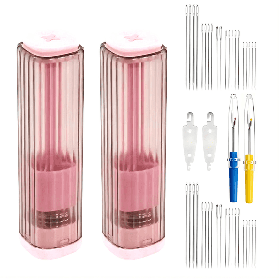 2 Pack Magnetic Needle Case with Pop-up Design,Sewing Needle Holder with 5 Size Sewing Needles for Storage,Portable Organizer Box for Embroidery Pin,Knitting (Pink)