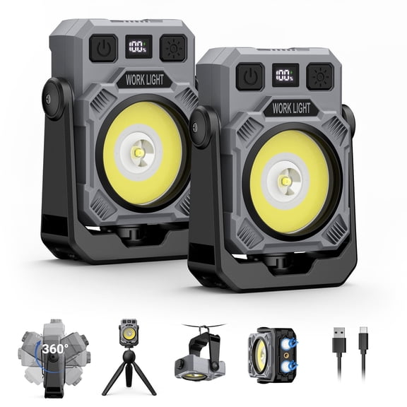 2-Pack Magnetic Rechargeable Work Light, 2000LM LED Work Light, COB & LED Dual Lighting Sources, Stepless Dimming, Portable Flashlights for Car Repair, Camping, Emergency, Black Grey