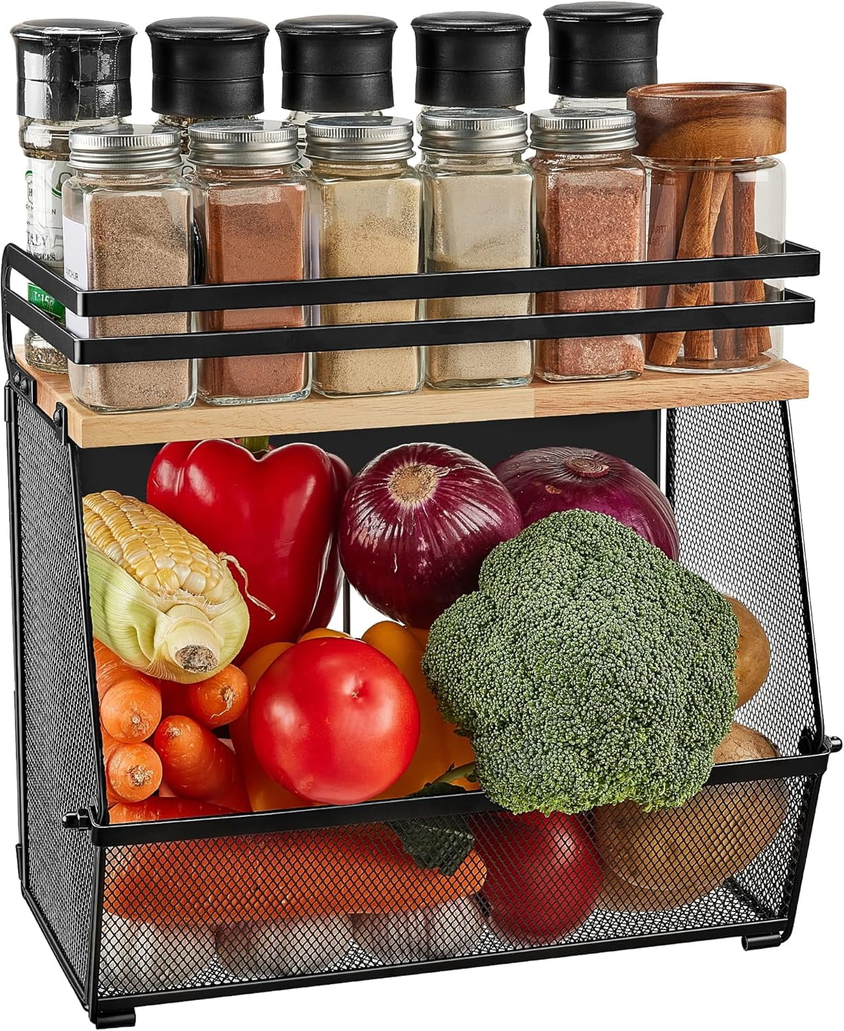 2 Pack Magnetic Shelf for Fridge with Wood Lid, Large Container Magnetic Fruit Basket Spice Rack, Potato Onion Storage Organizer Magnetics Shelves for Refrigerator, Kitchen Counter, Pantry