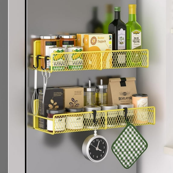 2 Pack Magnetic Spice Rack, 100% Metal Strong Magnet Shelf with Hooks ...