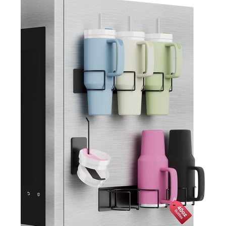 Magnetic Water Bottle Organizer – 2 Pack 40 oz Tumbler Cup Holder with Extra Lid Hanger, Stainless Steel for Stanley Cup Storage, Space-Saving for Fridge and Beverage Machine