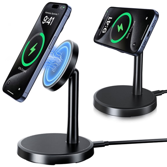 2 Pack Magnetic Wireless Charger Stand, 15W Fast Phone Charging Dock with USB-C Cable for iPhone 17 16 15 14 13 12 Series, Wireless Charging Station for AirPods, Black