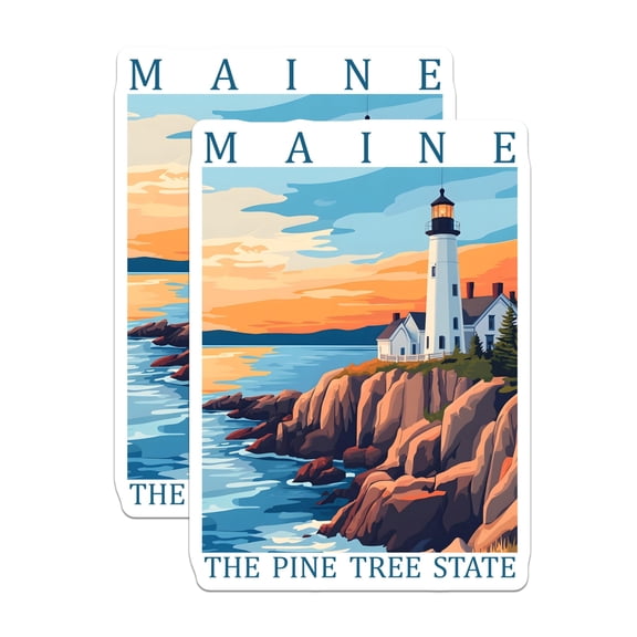 (2 Pack) Maine Stickers - Lighthouse Design - Pine Tree State Art - 5" On Longest Side - Sticks to Smooth Flat Surfaces - Made in USA - BMCS17541