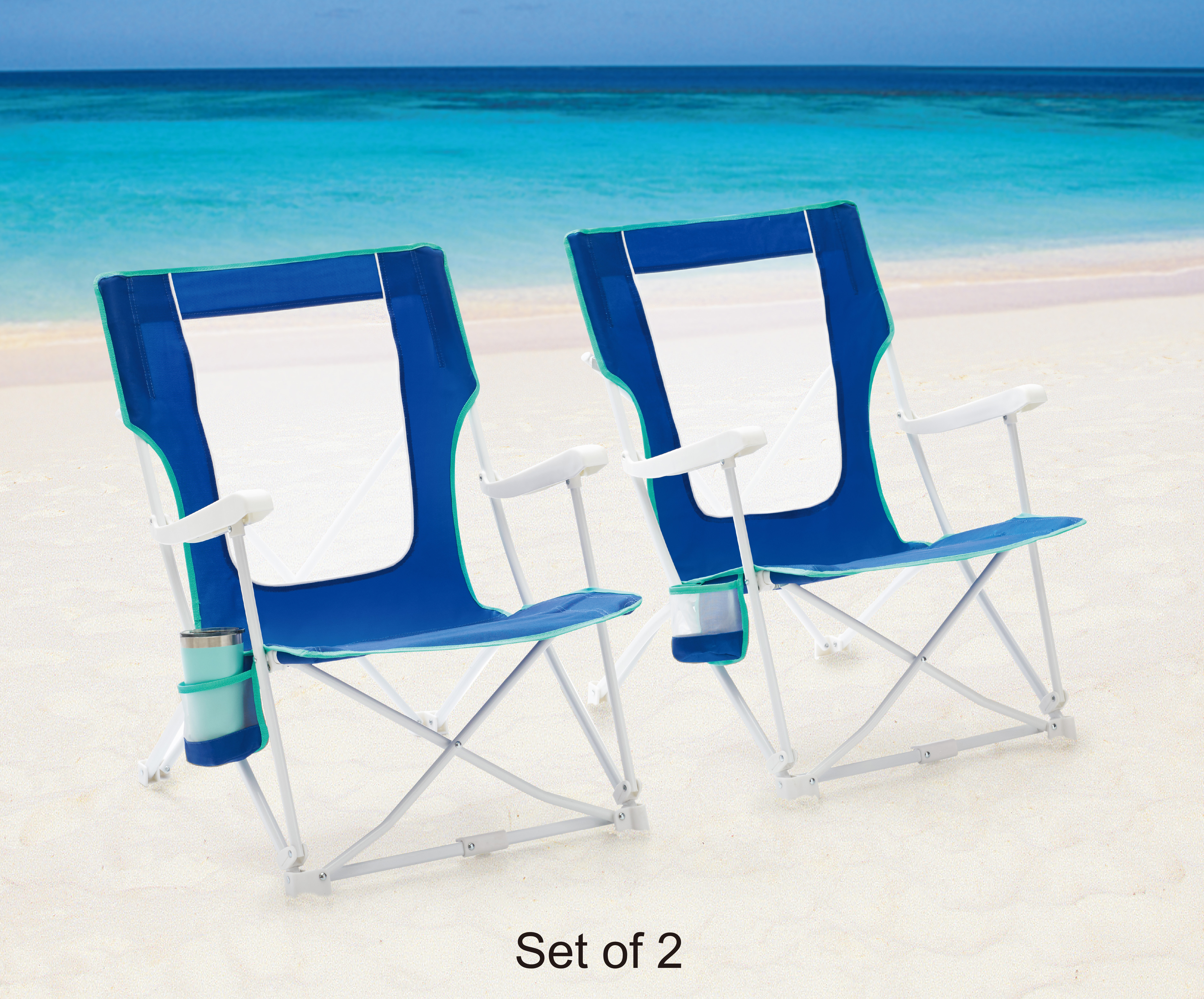 2-Pack Mainstays Folding Hard Arm Beach Bag Chair with Carry Bag, Blue - image 1 of 9