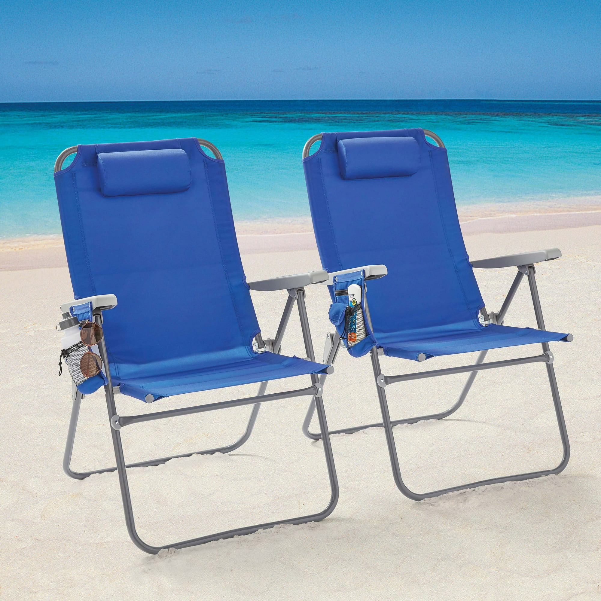Mainstays 2-Pack Reclining 4-Position Oversize Beach Chair, Blue