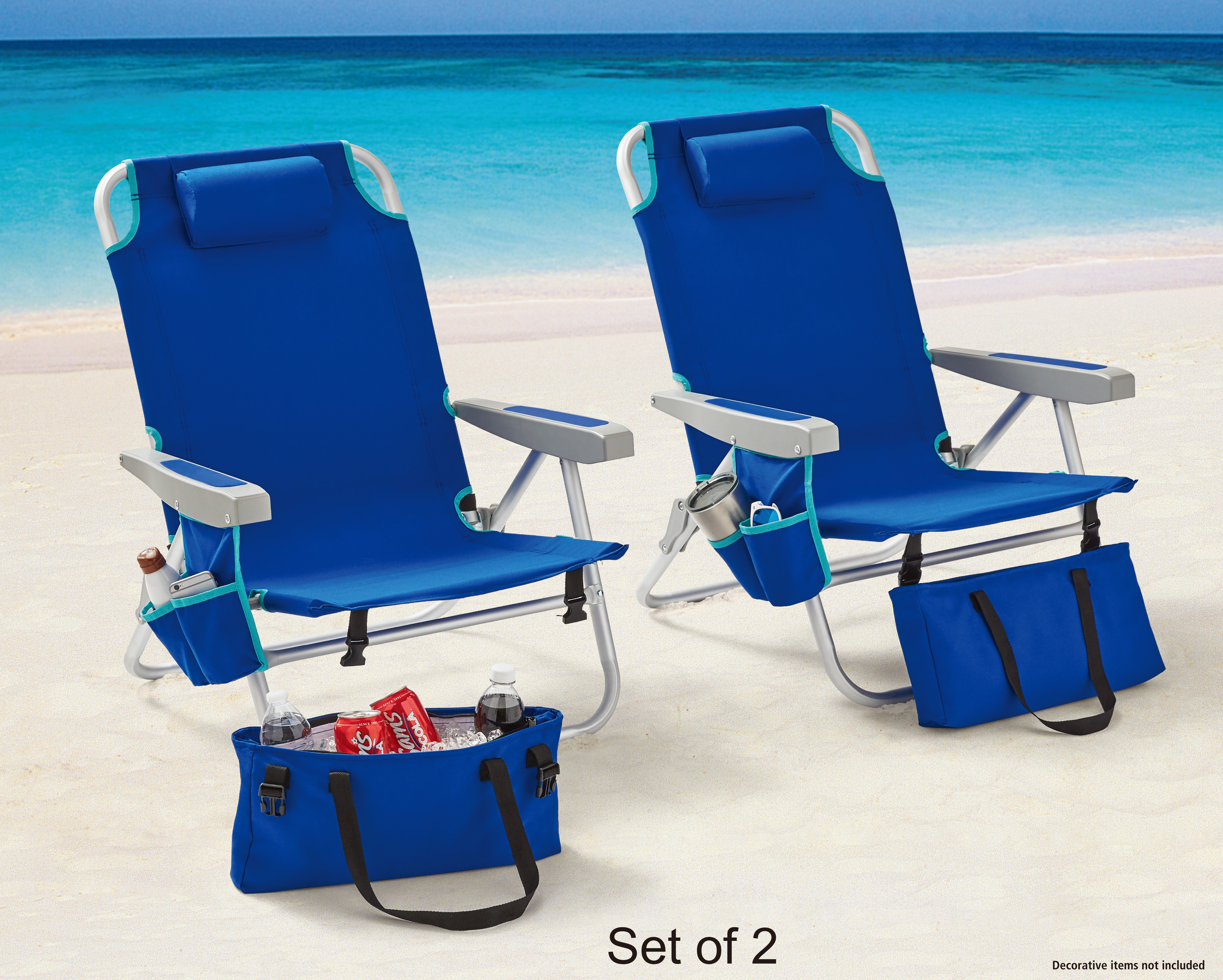 2-Pack Mainstays Reclining Beach & Event Backpack Chair with Cooler Bag Blue - image 1 of 12
