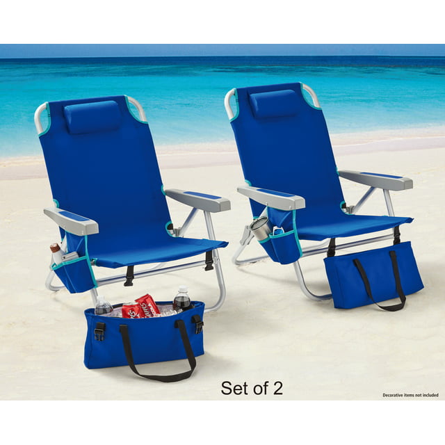 2-Pack Mainstays Reclining Beach & Event Backpack Chair with Cooler Bag Blue