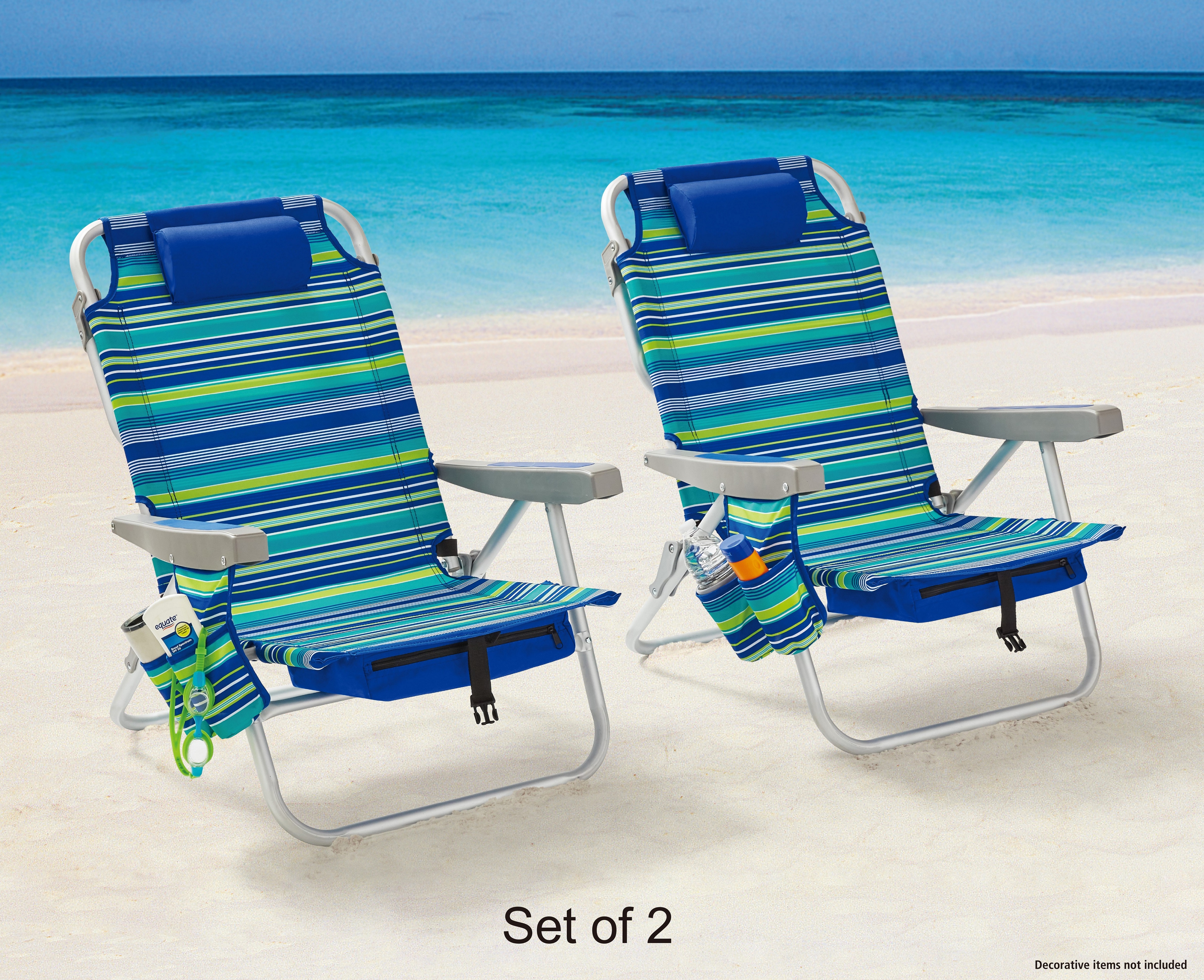 2-Pack Mainstays Reclining Beach & Event Lay-Flat Backpack Chair Blue & Green Stripe - image 1 of 12