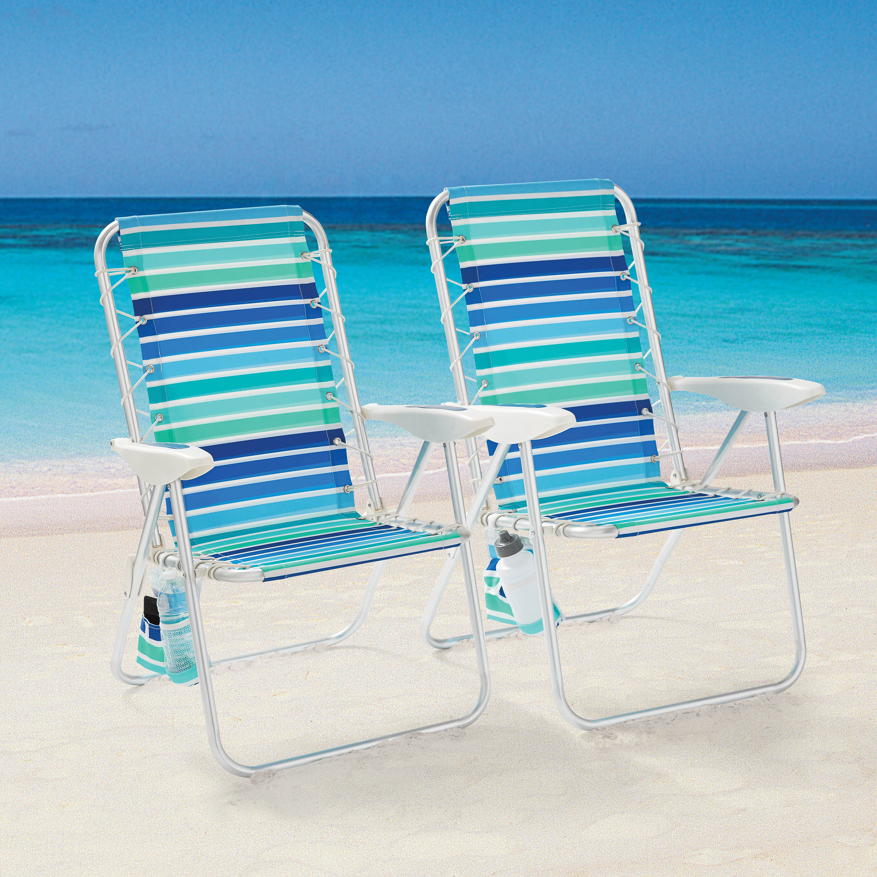 2-Pack Mainstays Reclining Bungee Beach Chair Blue & Green Stripe - image 1 of 9