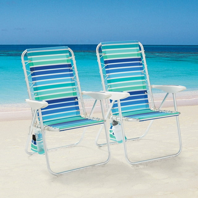 2-Pack Mainstays Reclining Bungee Beach Chair Blue & Green Stripe