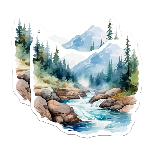 (2 Pack) Majestic Mountain River Magnets - Rustic Watercolor Pine Forest Landscape - Serene Nature Scenic Cabin Decor - 5 Inches On Longest Side - Thick Durable Magnet - Made in USA - MAG20107