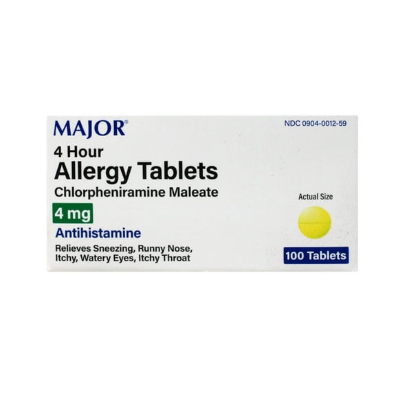 Major Allergy Tablets, Chlorpheniramine Maleate 4 mg, Antihistamine for Sneezing, Runny Nose, Itchy Eyes & Throat, 100 Tablets (2 Pack)
