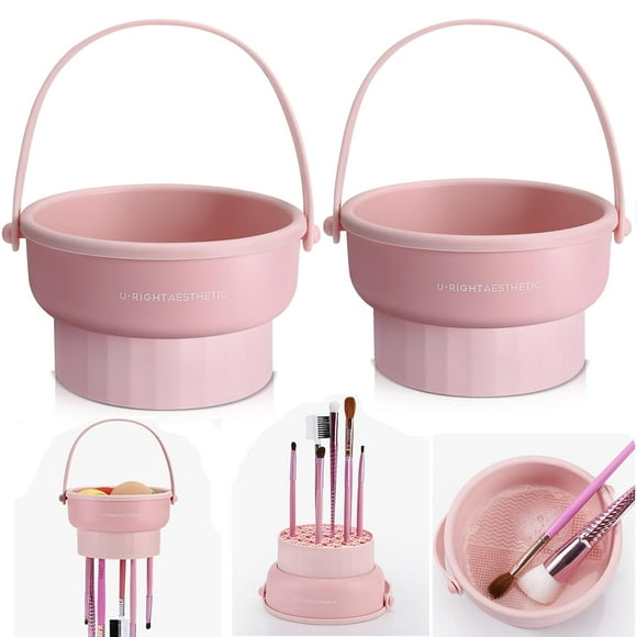 2 Pack Makeup Brush Cleaner Mat 3 in 1 Silicone Makeup Brush Cleaner Makeup Brush Cleaning Bowl Makeup Brush Sponge Scrubber Tool for Cleaning, Storage And Upside Down DryingTwo Pink)