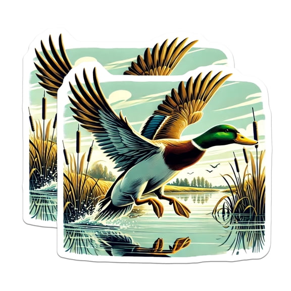 (2 Pack) Mallard Duck Stickers - Flying Waterfowl Decals - Nature Pond Lake Wildlife Art - 5" On Longest Side - Sticks to Smooth Flat Surfaces - Made in USA - BMCS22350