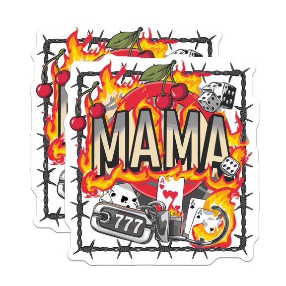 (2 Pack) Mama Barbed Wire Stickers - Flames Lucky Dice Aces - Cherry Rocker Mama Decals - 5" On Longest Side - Sticks to Smooth Flat Surfaces - Made in USA - BMCS21102