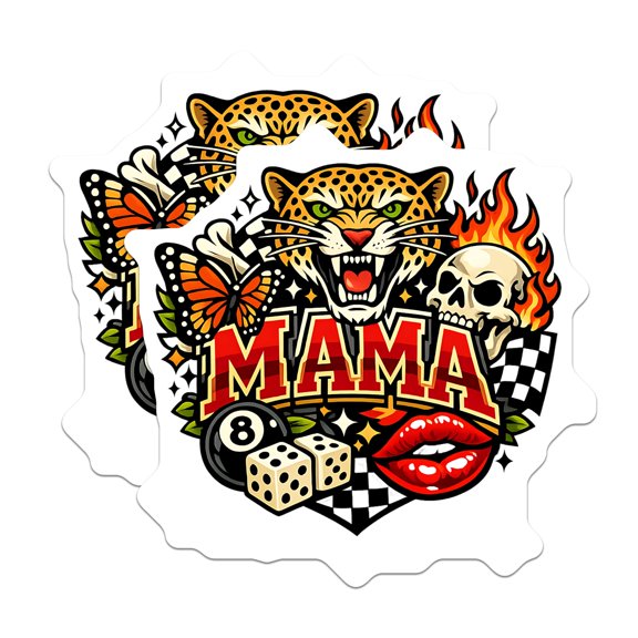 (2 Pack) Mama Leopard Stickers - Flaming Skull Decals - Rockabilly 8 Ball Dice - 5" On Longest Side - Sticks to Smooth Flat Surfaces - Made in USA - BMCS21181