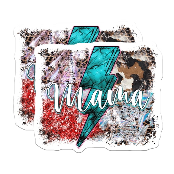 (2 Pack) Mama Lightning Bolt Stickers - Western Cow Print Mama - Trendy Boho Mom Decal - Distressed Design Moms - 5" On Longest Side - Sticks to Smooth Flat Surfaces - Made in USA - BMCS29878