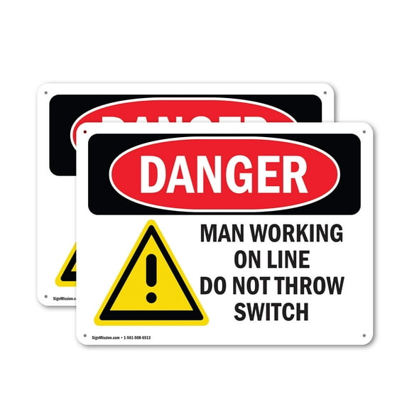 (2 Pack) Man Working On Line Do Not Throw Switch OSHA Danger Sign 14 Inch X 10 Inch Plastic Sign, Weather Resistant, UV Protected for Workplace, Business, and Construction Site, Made in