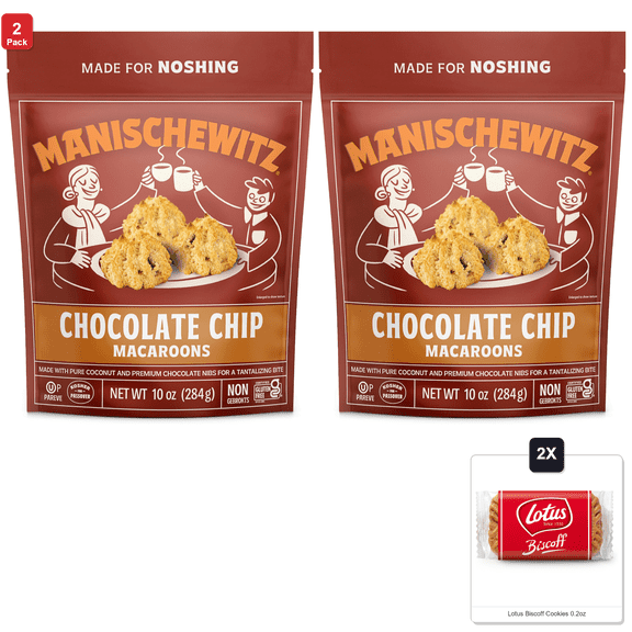 2 Pack | Manischewitz Chocolate Chip Macaroons, 10Oz Resealable Bag, Gluten Free, Kosher For Passover & 2x Lotus Biscoff Cookies 0.2oz