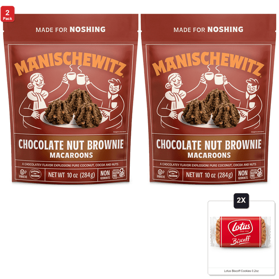 2 Pack | Manischewitz Chocolate Nut Brownie Macaroons, 10Oz | Coconut Macaroons | Resealable Bag | Dairy Free | Gluten Free Coconut Cookie | Kosher For Passover & 2x Lotus Biscoff Cookies 0.2oz