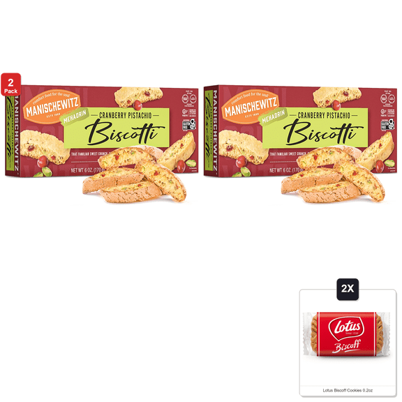 2 Pack | Manischewitz Gluten Free Cranberry Pistachio Biscotti, 6Oz | Dairy Free, Grain Free, Kosher For Passover & 2x Lotus Biscoff Cookies 0.2oz
