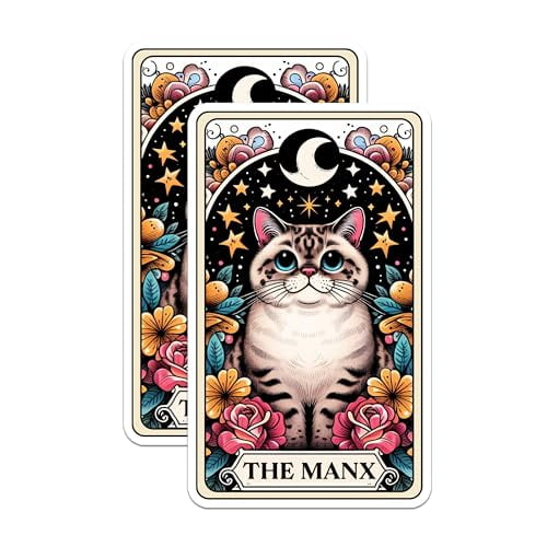 (2 Pack) The Manx Tarot Card Stickers - Manx Cat Breed Sticker - for Cat Mom or Cat Dad - 5 Inches On Longest Side - Premium Vinyl - for Cars, Skateboards, Laptops - Made in USA - BMCS1227