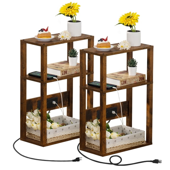 2 Pack Maple End Table with Charging Station, Side Table for Living Room, Narrow Nightstand Bedside Table with Storage Shelves, Brown