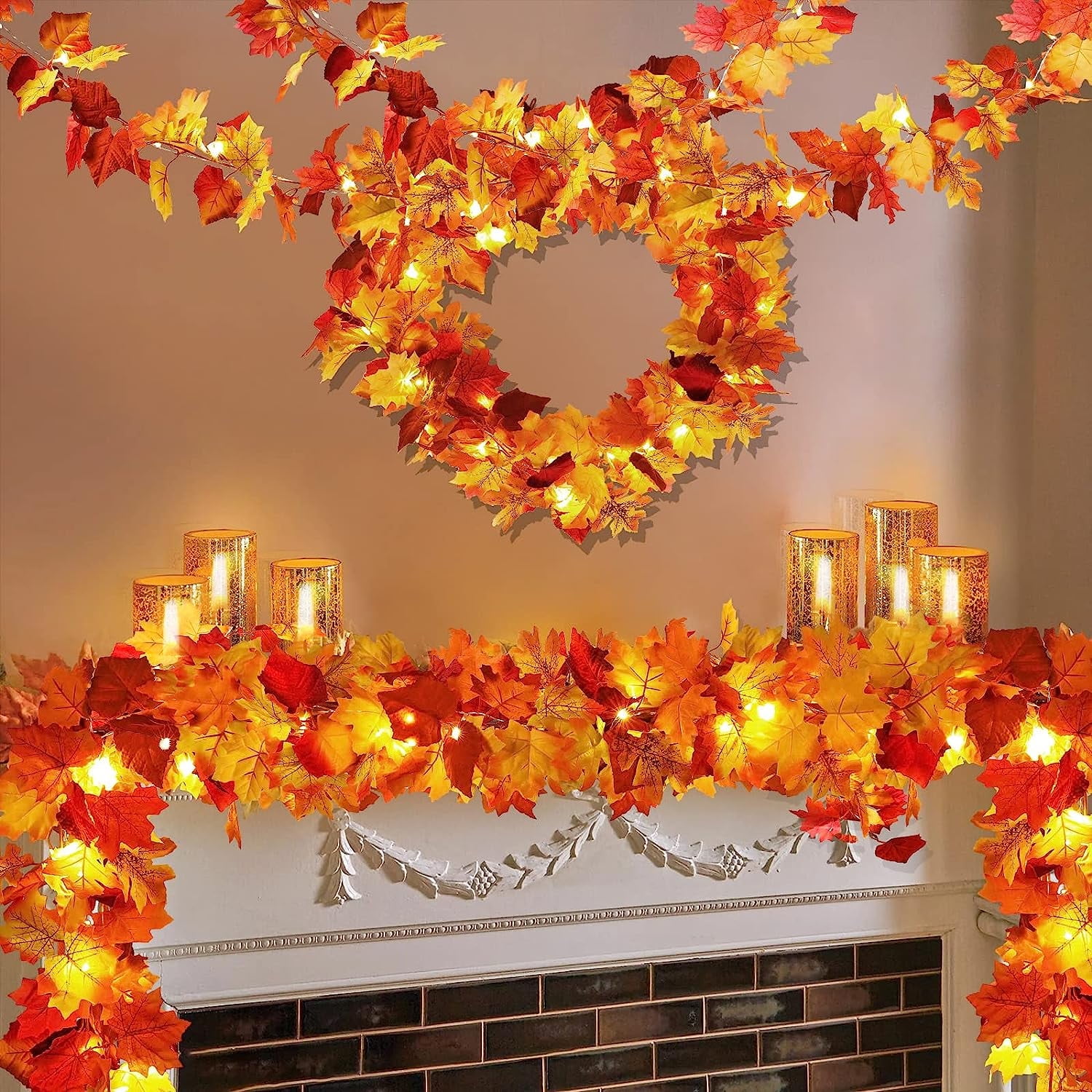 2 Pack Maple Leaf Fall Lights Decor,Fall Decorations for Home,30 LED Waterproof Fall Garland,Battery Operated Fairy String Lights,Wall Lighs for Indoor Outdoor Autumn Harvest Decor