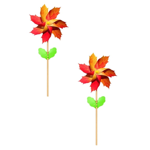 2 Pack Maple Leaf Pinwheels Wind Spinners Outdoor, 11Inch Colorful Garden Pinwheels with Wooden Stake, Fall Yard Lawn Decor Pinwheels for Party Outdoor Ornament
