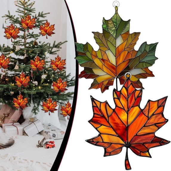 2 Pack Maple Leaf Stained Glass Suncatcher, 4.7 x 5.9 Inch Fall Leaf Window Hanging Ornament, Autumn Thanksgiving Harvest Party Decor and Gift