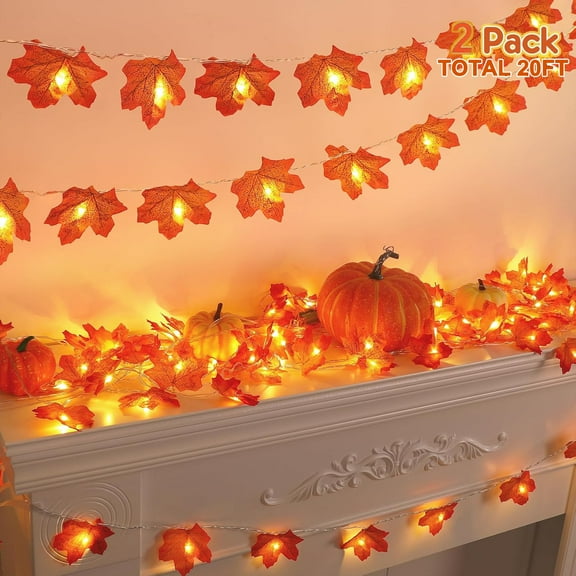 2 Pack Maples Leafed String Lights, Halloween Fall Decorations Home Lights, Thick Leafs Garlands, Total 20Ft 40LED Battery Operated Waterproof Thanksgiving Decor Indoor Outdoor
