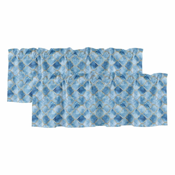 2 Pack Marble Morocco Valance for Window Blue Modern Geometric Gold Abstract Plaid Kitchen Valance Rod Pocket Short Curtain Topper Decorative Window Treatment for Living Room Bedroom 42"x18"