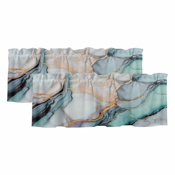 2 Pack Marble Texture Valance for Window Abstract Teal Blue Gold Crack Art Kitchen Valance Rod Pocket Short Curtain Topper Decorative Window Treatment for Living Room Bedroom 42"x12"