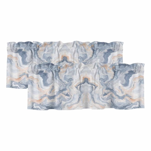 2 Pack Marble Texture Valance for Window Elegant Gray Blue Tone Vortex Effect Kitchen Valance Rod Pocket Short Curtain Topper Decorative Window Treatment for Living Room Bedroom 42"x12"