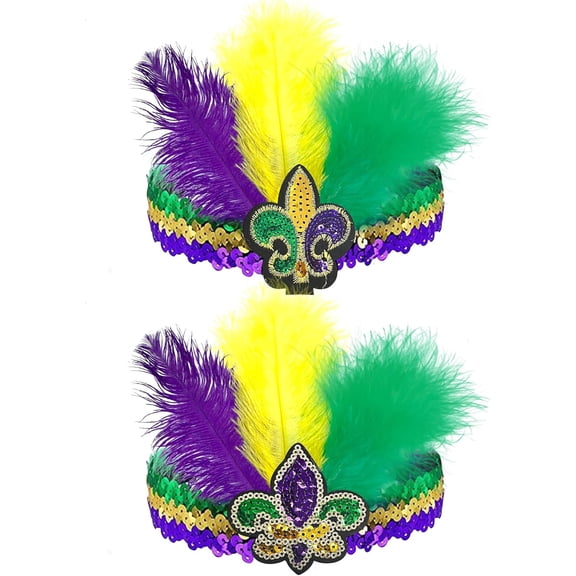 2 Pack Mardi Gras Feather Sequin Fleur De Lis Headband Purple Yellow Green Flapper Headband Cocktail Adjustable Headwear Carnival Parade Supplies Party Favor for Women