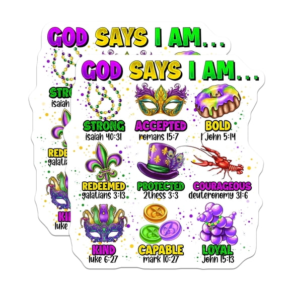 (2 Pack) Mardi Gras God Says I Am Stickers - Christian Scripture Decals - Faith Affirmation Reminders - 5" On Longest Side - Sticks to Smooth Flat Surfaces - Made in USA - BMCS30963