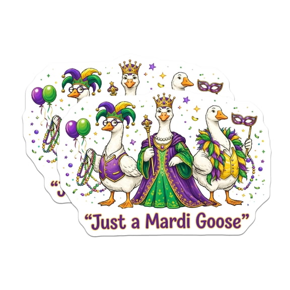 (2 Pack) Mardi Gras Goose Stickers - Louisiana Celebration - Funny Animal Stickers- 5" On Longest Side - Sticks to Smooth Flat Surfaces - Made in USA - BMCS16633