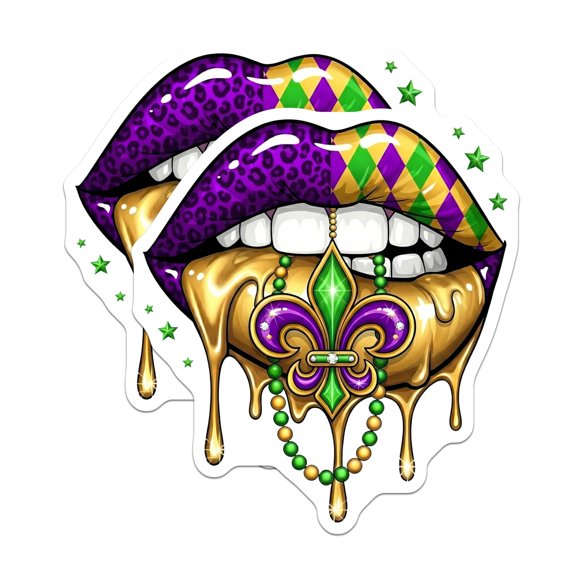 (2 Pack) Mardi Gras Lips Magnets - Fleur De Lis - Carnival Celebration Decor - 5" On Longest Side - Premium Magnet - for Cars, Refrigerators, Toolboxes, Lockers - Made in USA - MAG15173