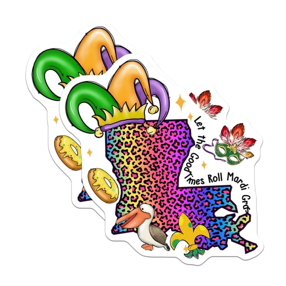 (2 Pack) Mardi Gras Louisiana State Map Magnets - Carnival Themed Magnets - New Orleans Mardi Gras Magnets - 5" On Longest Side - for Cars, Fridges, Toolboxes - Made in USA - MAG3662