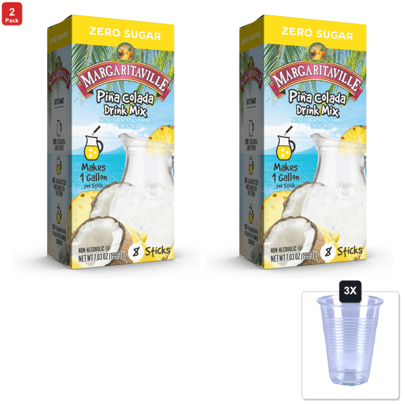 2 Pack | Margaritaville Gallons To Go Powdered Drink Mix, 8-Count Box Pina Colada  And Zero Sugar Drink Mix, Each Stick Makes 1 Gallon-Sized Pitcher & 3x 16oz Plastic Cup with Strawless Sip-Lid