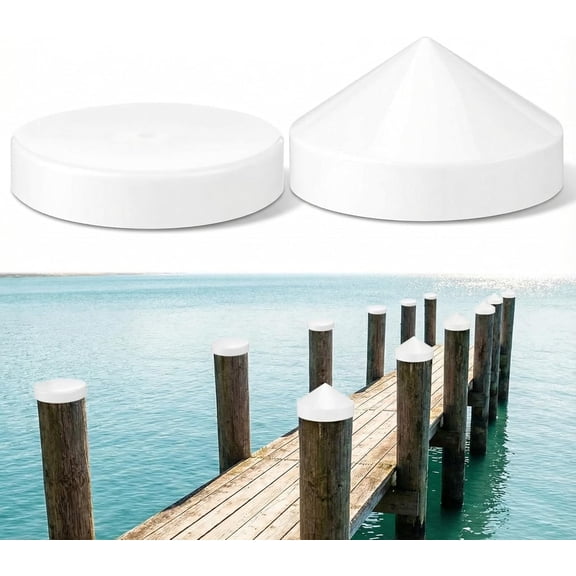 2 Pack Marine Dock Piling Caps Set 9 Inch White Conical and Flat Top Design Marine Docks Post Pole Weatherproof Dock Pile Protector for Post Caps Boat Pylon Pole Pipe