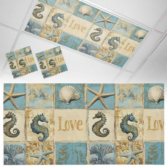 2 Pack Marine Life Fluorescent Light Covers for Ceiling Lights Starfish and Shell Retro Ocean Conch Magnetic Ceiling Light Covers Overhead Light Filters for Office Classroom Home