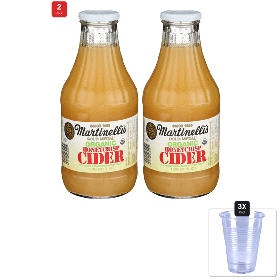 2 Pack | Martinellis, Cider Honeycrisp Unfiltered Organic, 33.8 Fl Oz & 3x Disposable Cup