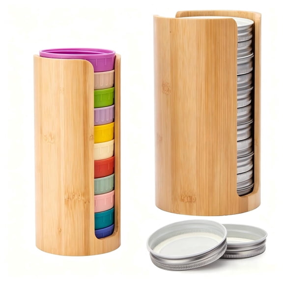 2 Pack Bamboo Mason Jar Lid Organizer, Duble-sided Hole Stackable Canning Lid Storage, Vertical Lid Holder for Wide & Regular Mouth
